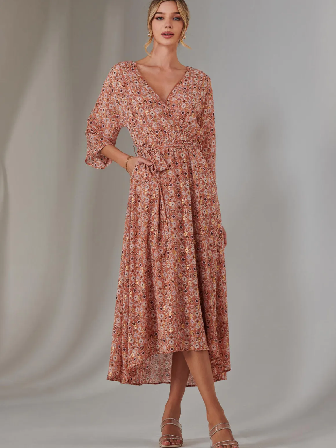 Gold Spot Printed Chiffon Maxi Dress, Orange Multi