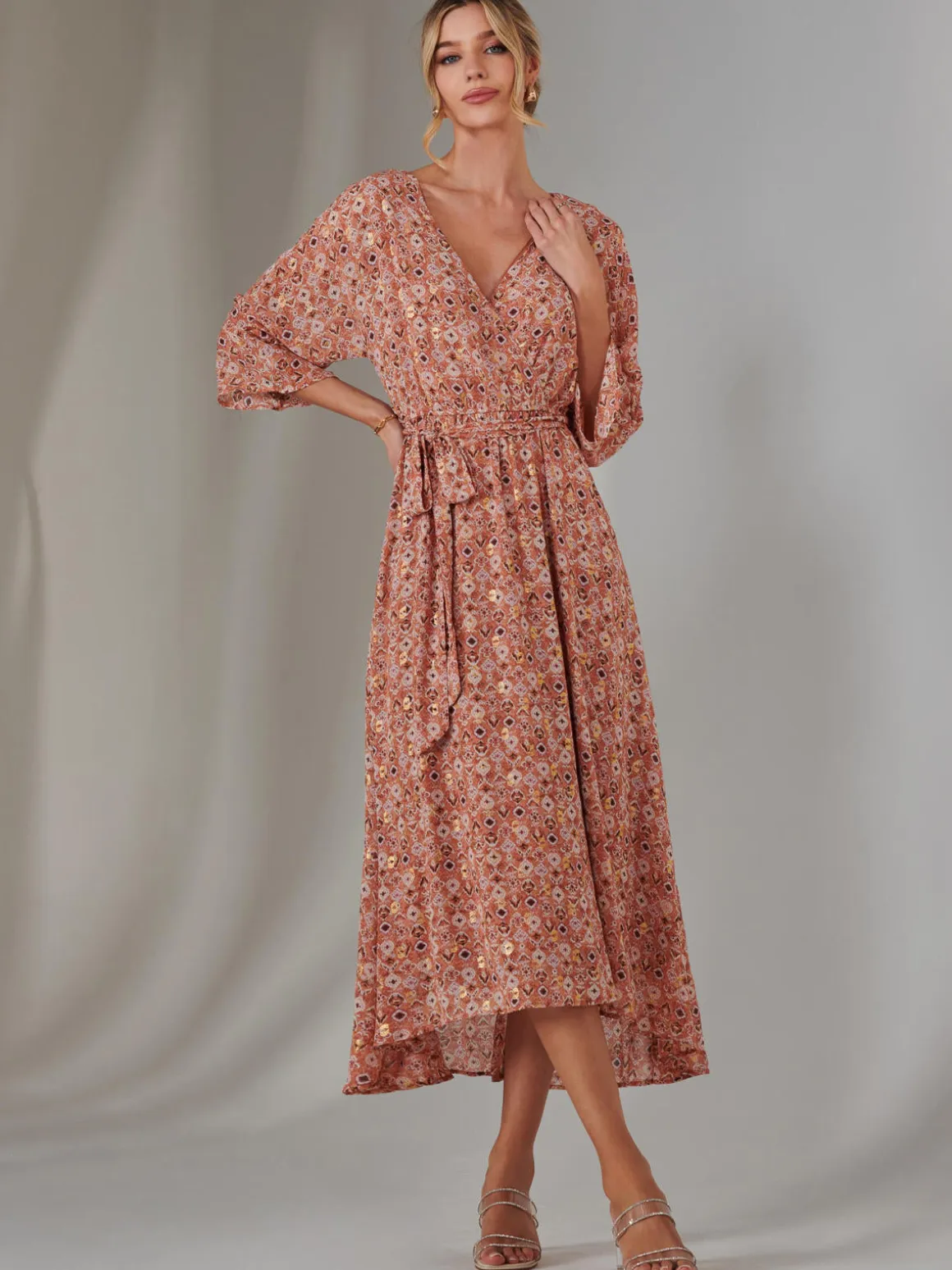 Gold Spot Printed Chiffon Maxi Dress, Orange Multi