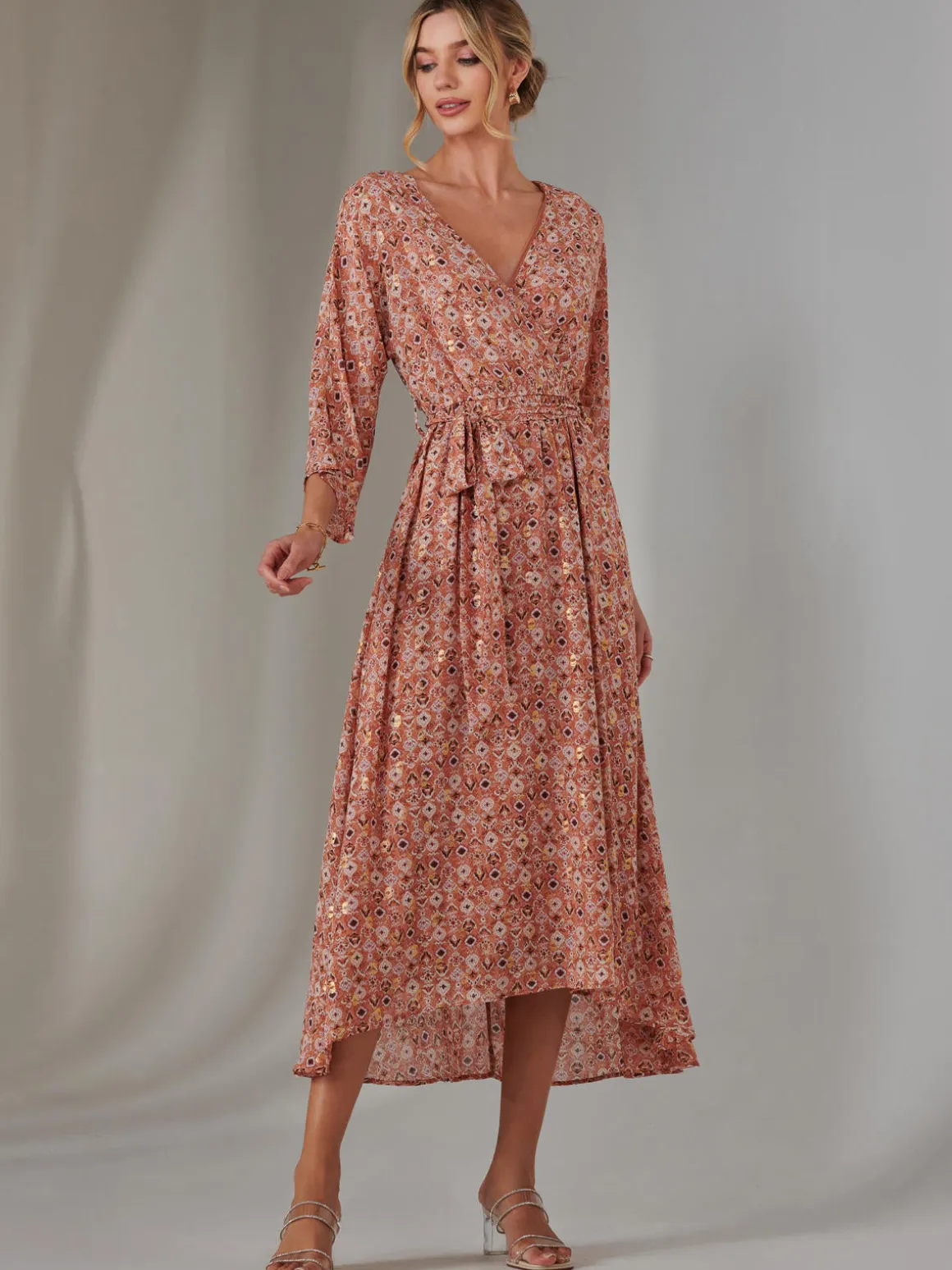 Gold Spot Printed Chiffon Maxi Dress, Orange Multi
