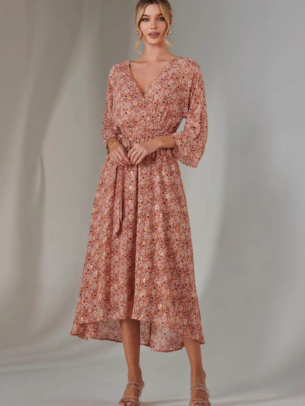 Gold Spot Printed Chiffon Maxi Dress, Orange Multi