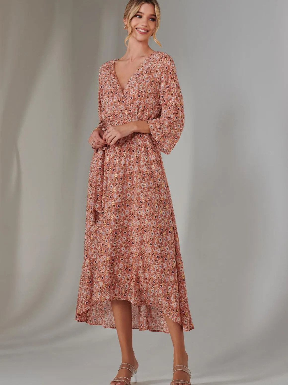 Gold Spot Printed Chiffon Maxi Dress, Orange Multi