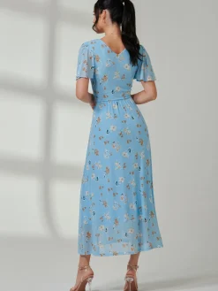 Gracelyn Wrap Front Mesh Maxi Dress, Blue Floral