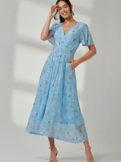Gracelyn Wrap Front Mesh Maxi Dress, Blue Floral