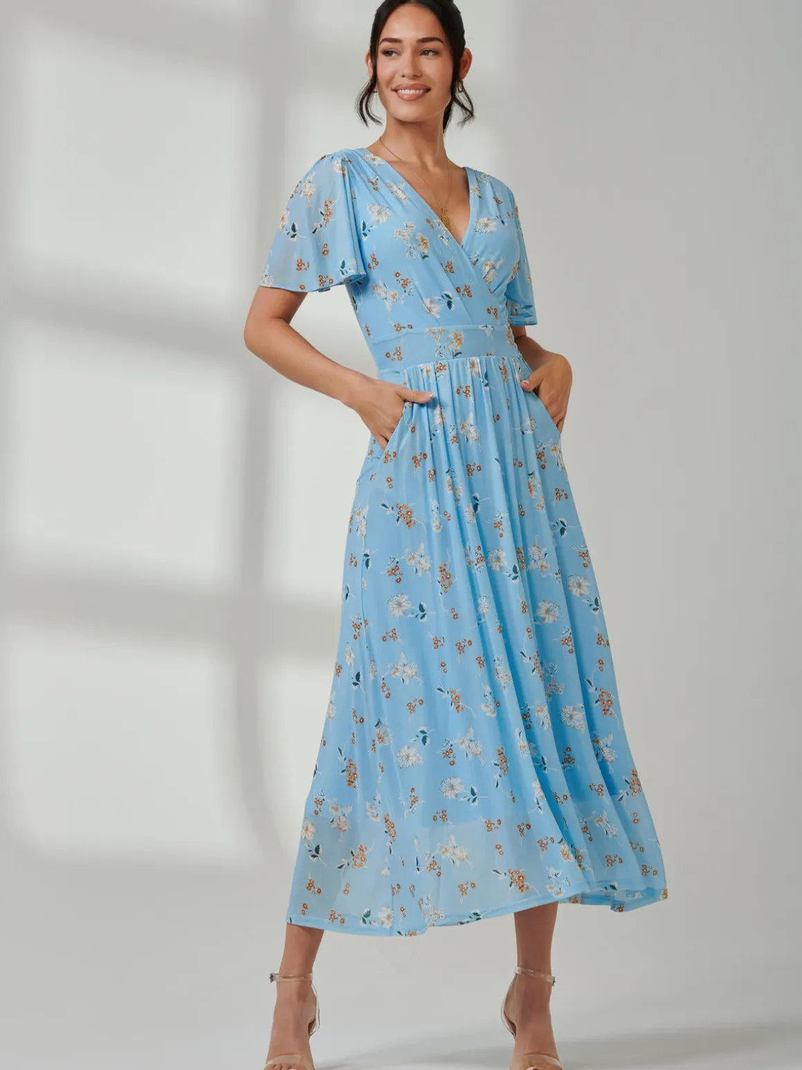 Gracelyn Wrap Front Mesh Maxi Dress, Blue Floral