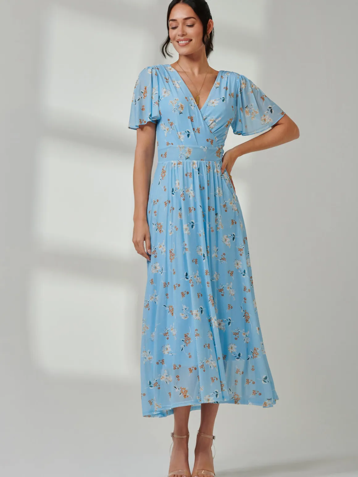 Gracelyn Wrap Front Mesh Maxi Dress, Blue Floral