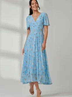 Gracelyn Wrap Front Mesh Maxi Dress, Blue Floral