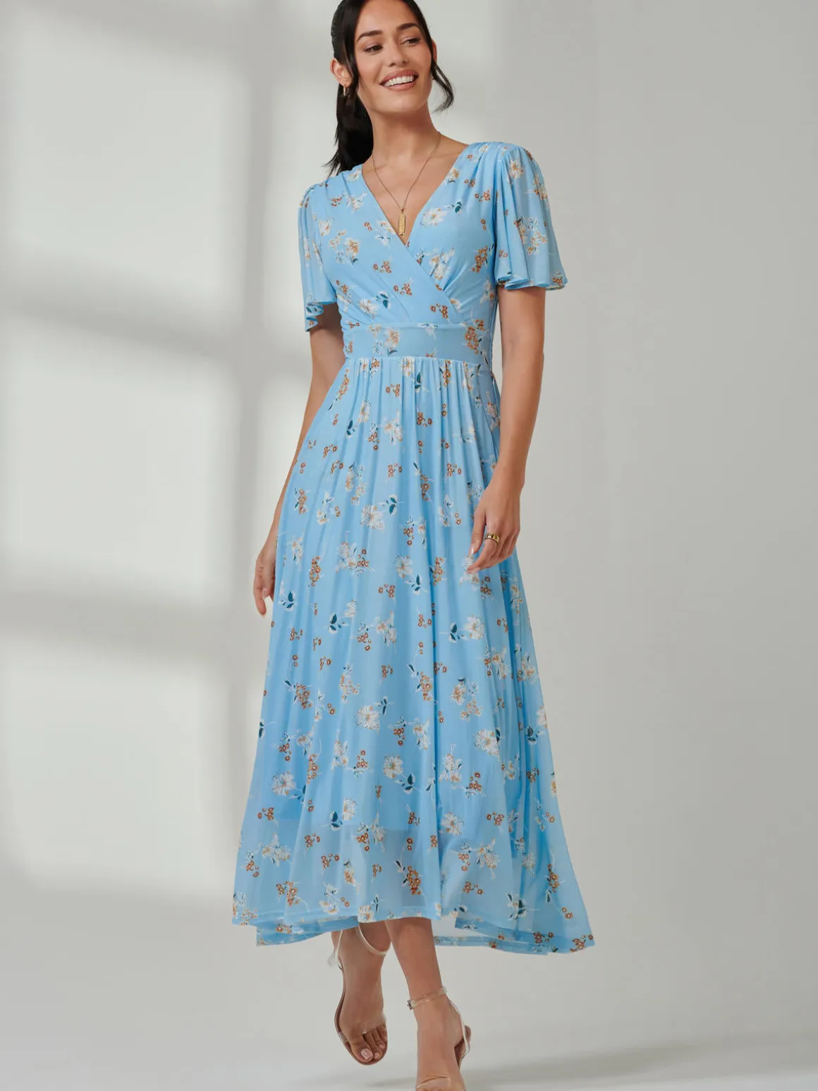 Gracelyn Wrap Front Mesh Maxi Dress, Blue Floral