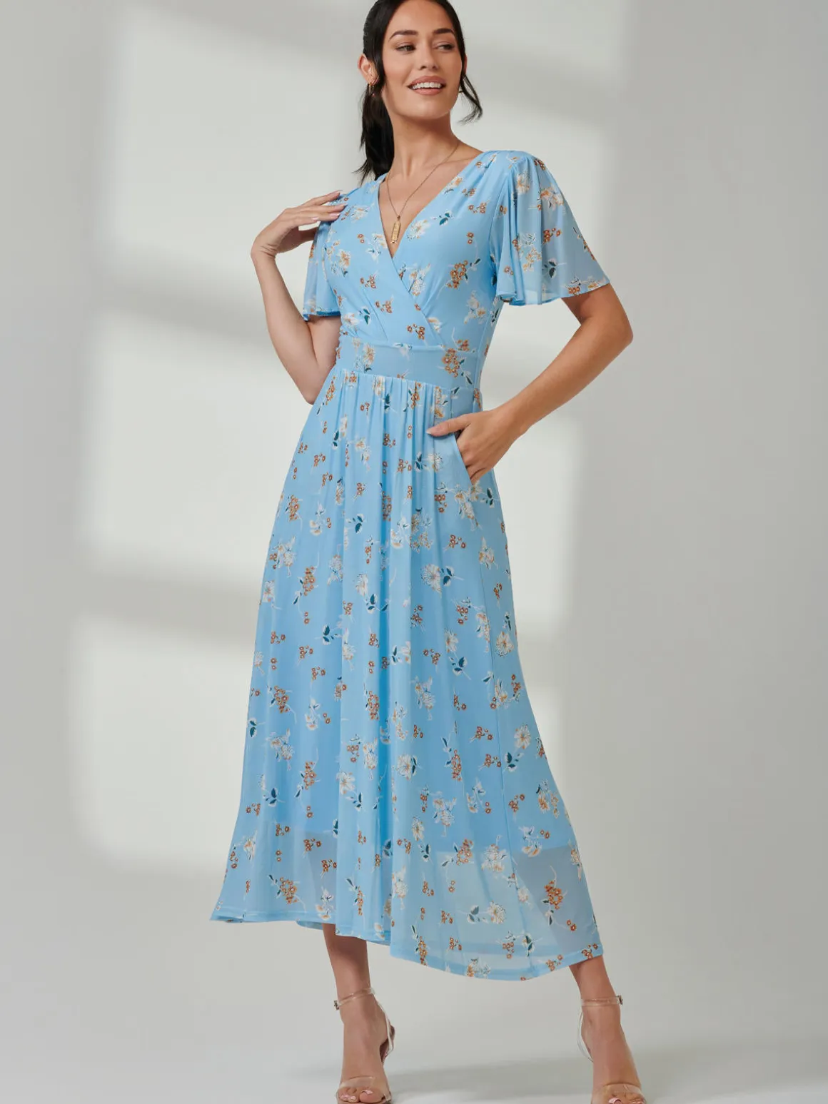Gracelyn Wrap Front Mesh Maxi Dress, Blue Floral
