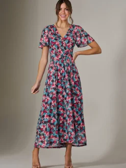 Gracelyn Wrap Front Mesh Maxi Dress, Teal Multi
