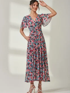 Gracelyn Wrap Front Mesh Maxi Dress, Teal Multi