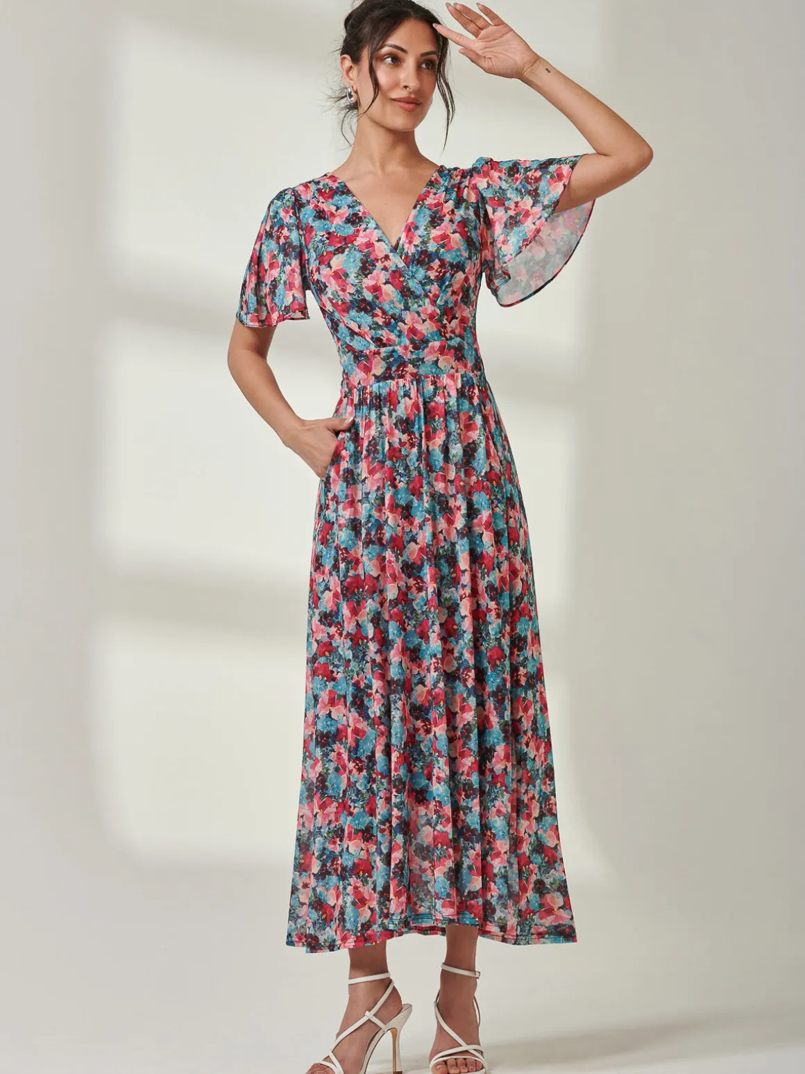 Gracelyn Wrap Front Mesh Maxi Dress, Teal Multi