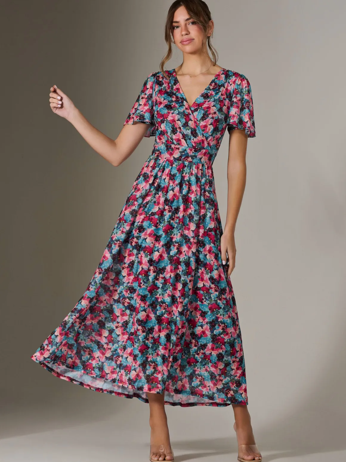 Gracelyn Wrap Front Mesh Maxi Dress, Teal Multi