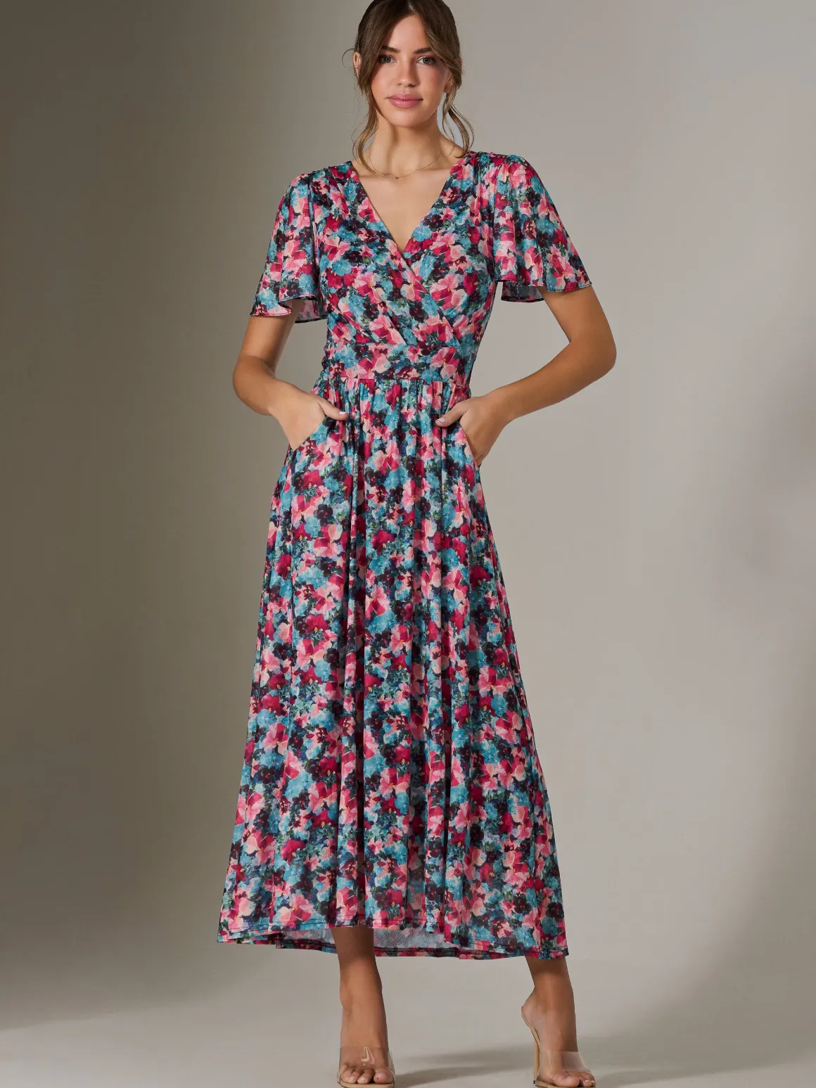 Gracelyn Wrap Front Mesh Maxi Dress, Teal Multi