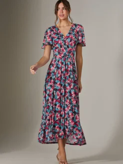 Gracelyn Wrap Front Mesh Maxi Dress, Teal Multi