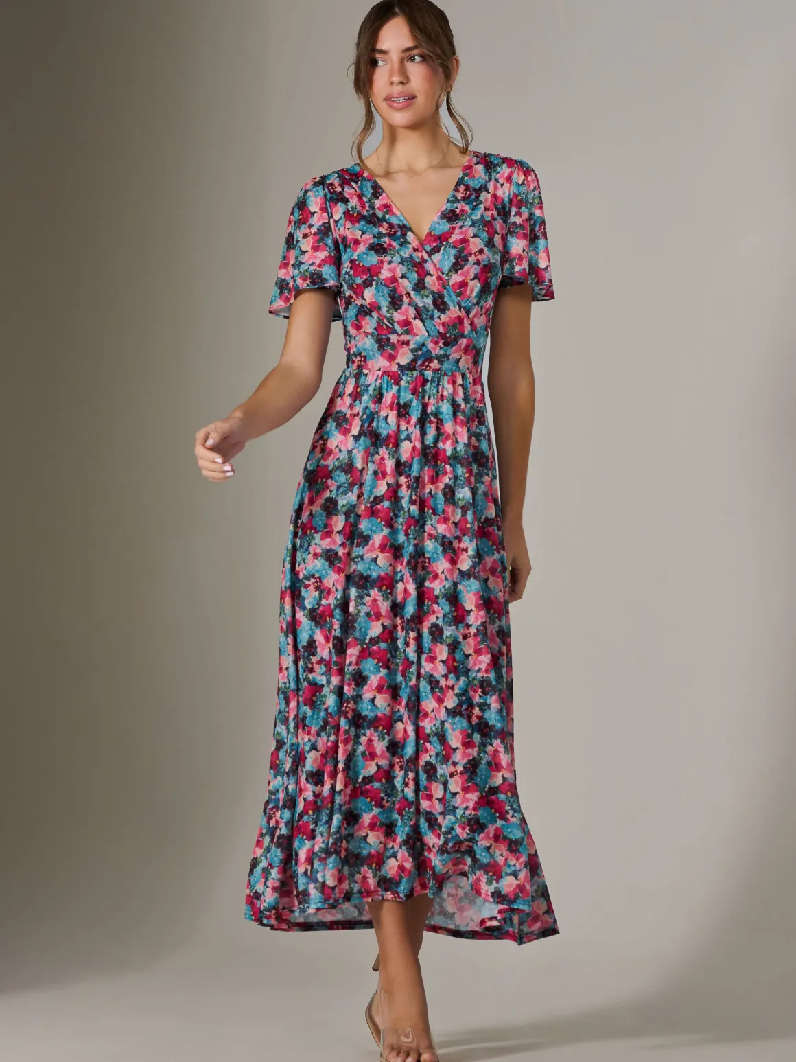 Gracelyn Wrap Front Mesh Maxi Dress, Teal Multi