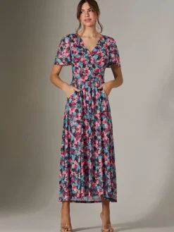 Gracelyn Wrap Front Mesh Maxi Dress, Teal Multi