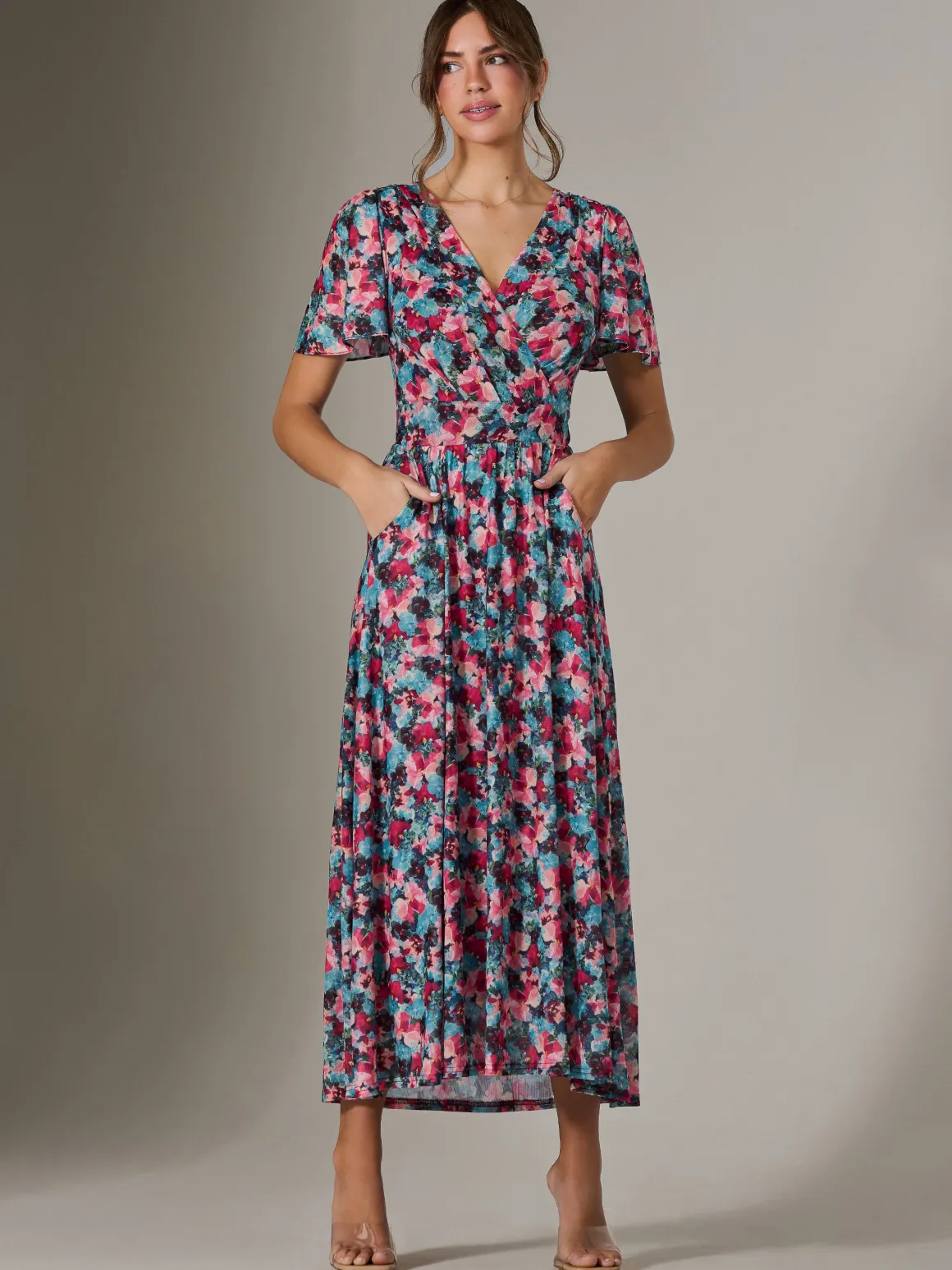 Gracelyn Wrap Front Mesh Maxi Dress, Teal Multi