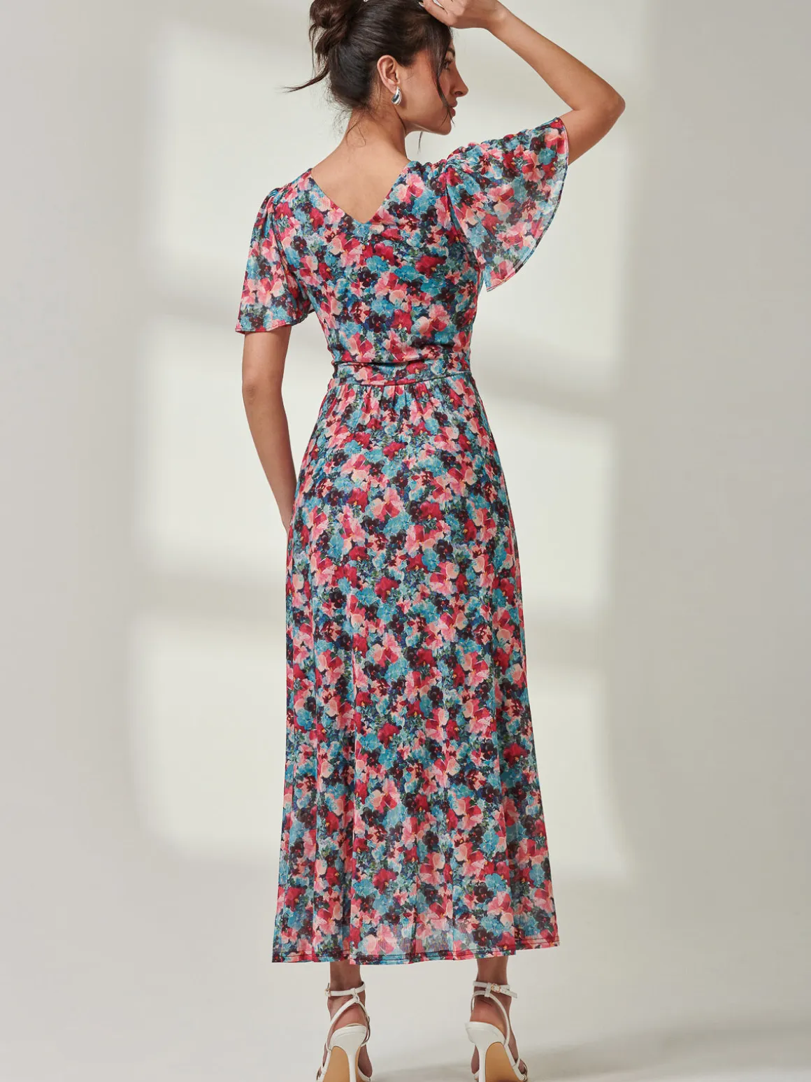 Gracelyn Wrap Front Mesh Maxi Dress, Teal Multi