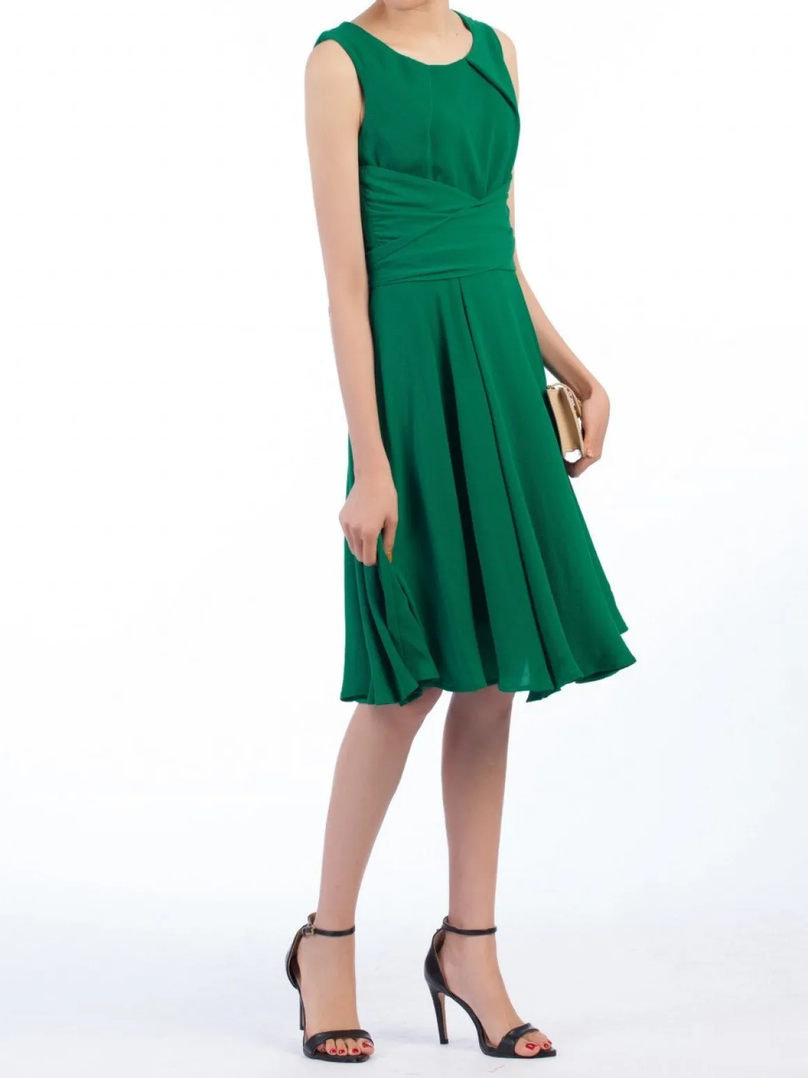 Green Wrap Belted Skater Dress, Green