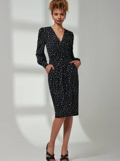 Gwen Print Long Sleeve Pegged Dress, Black Spot