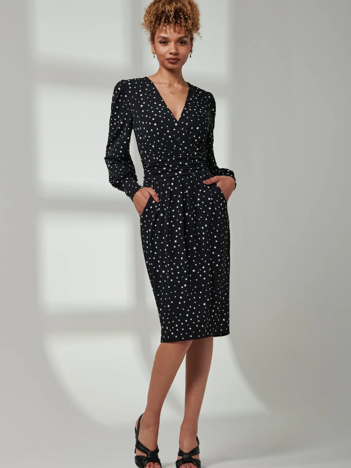 Gwen Print Long Sleeve Pegged Dress, Black Spot
