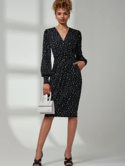 Gwen Print Long Sleeve Pegged Dress, Black Spot