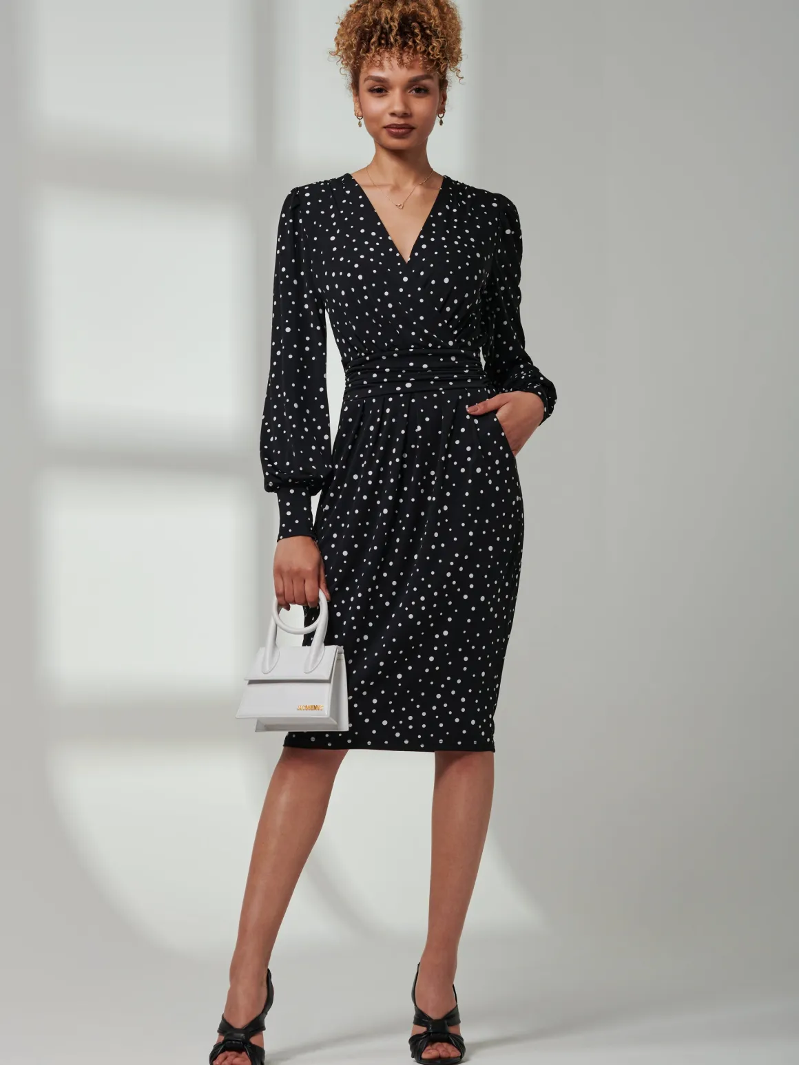 Gwen Print Long Sleeve Pegged Dress, Black Spot