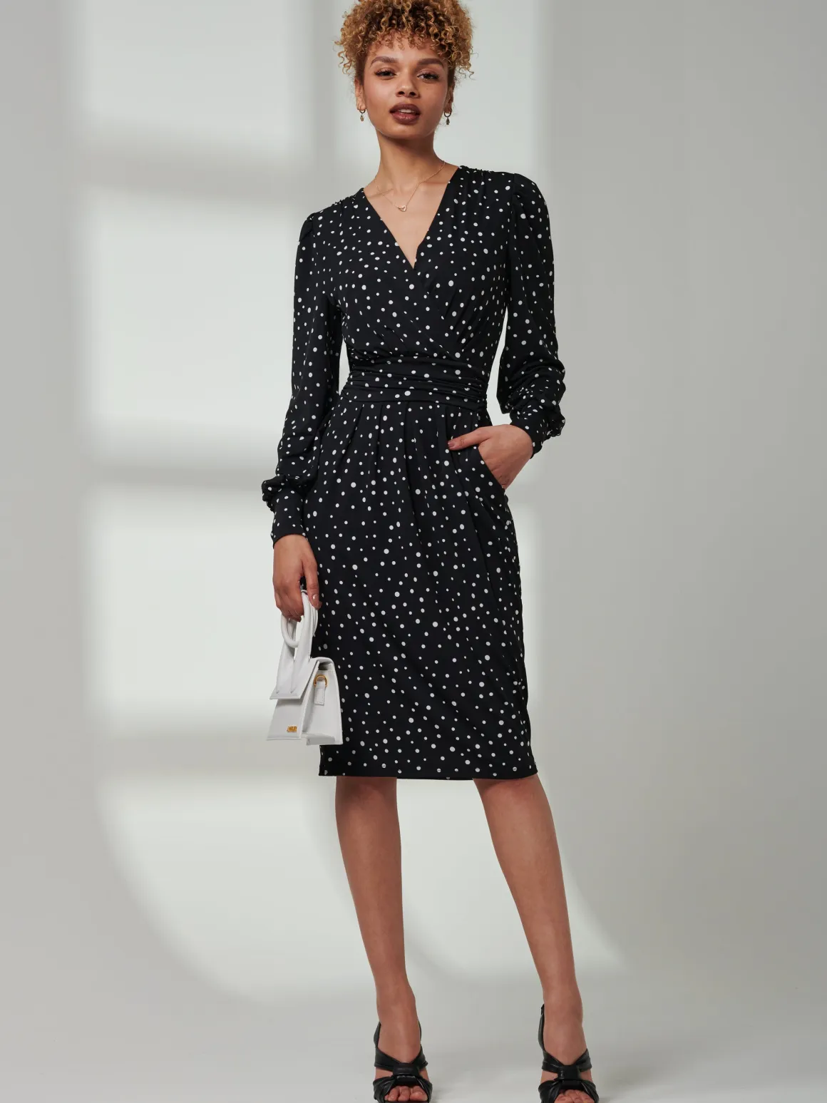 Gwen Print Long Sleeve Pegged Dress, Black Spot