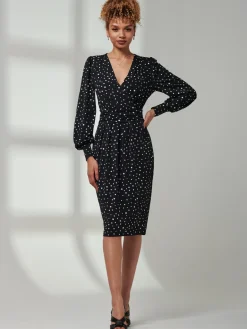 Gwen Print Long Sleeve Pegged Dress, Black Spot
