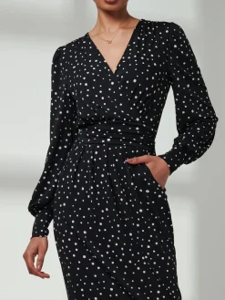 Gwen Print Long Sleeve Pegged Dress, Black Spot
