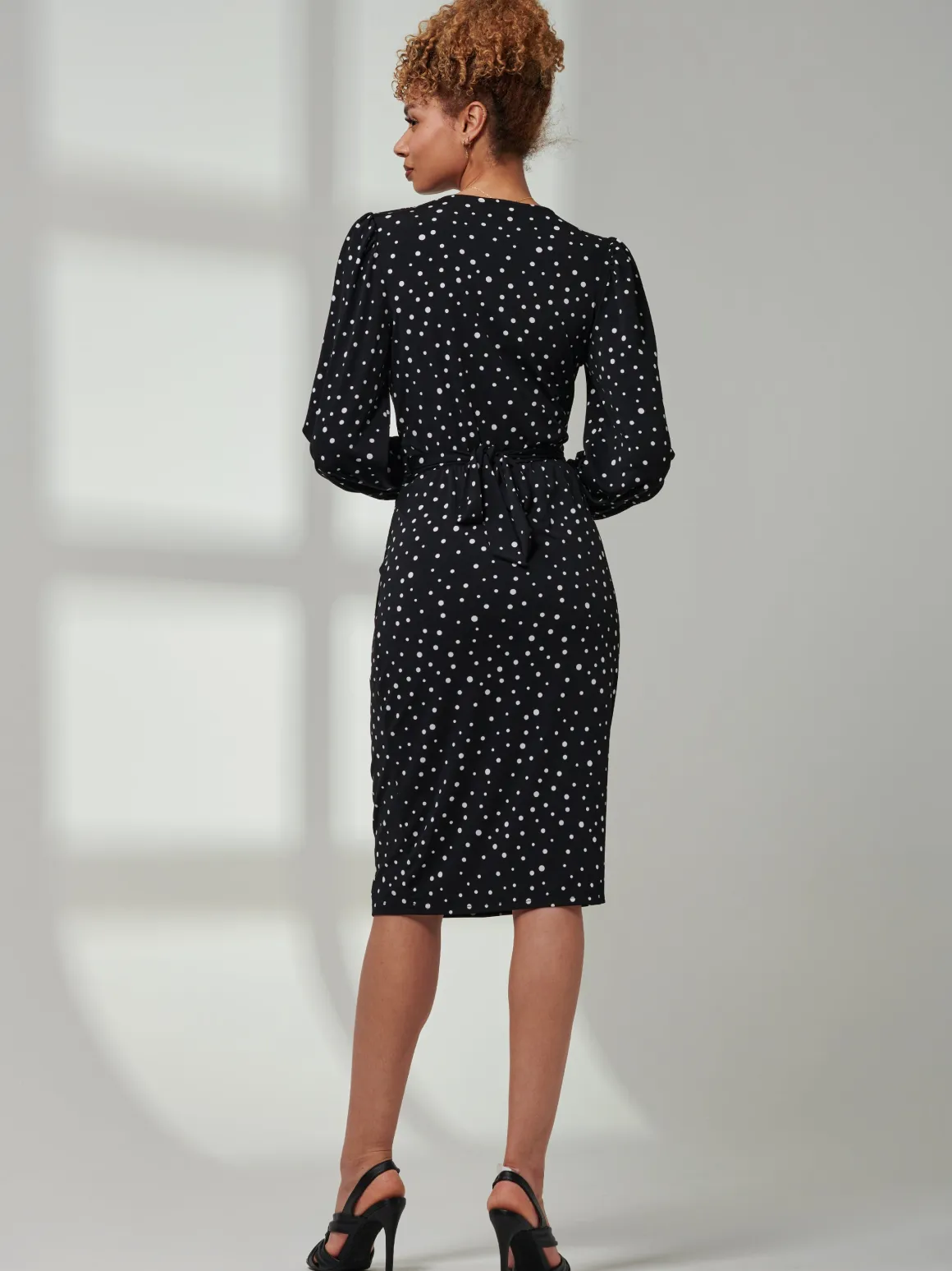Gwen Print Long Sleeve Pegged Dress, Black Spot