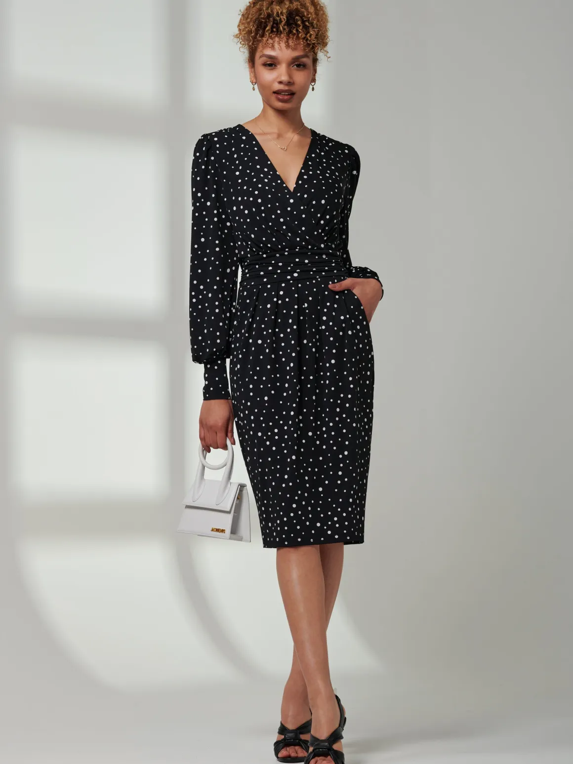Gwen Print Long Sleeve Pegged Dress, Black Spot