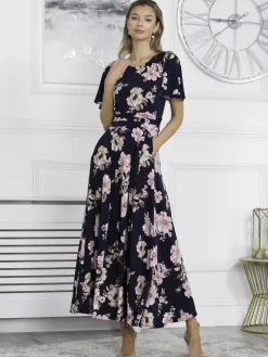 Hailey Jersey Angel Sleeve Maxi Dress, Navy Floral