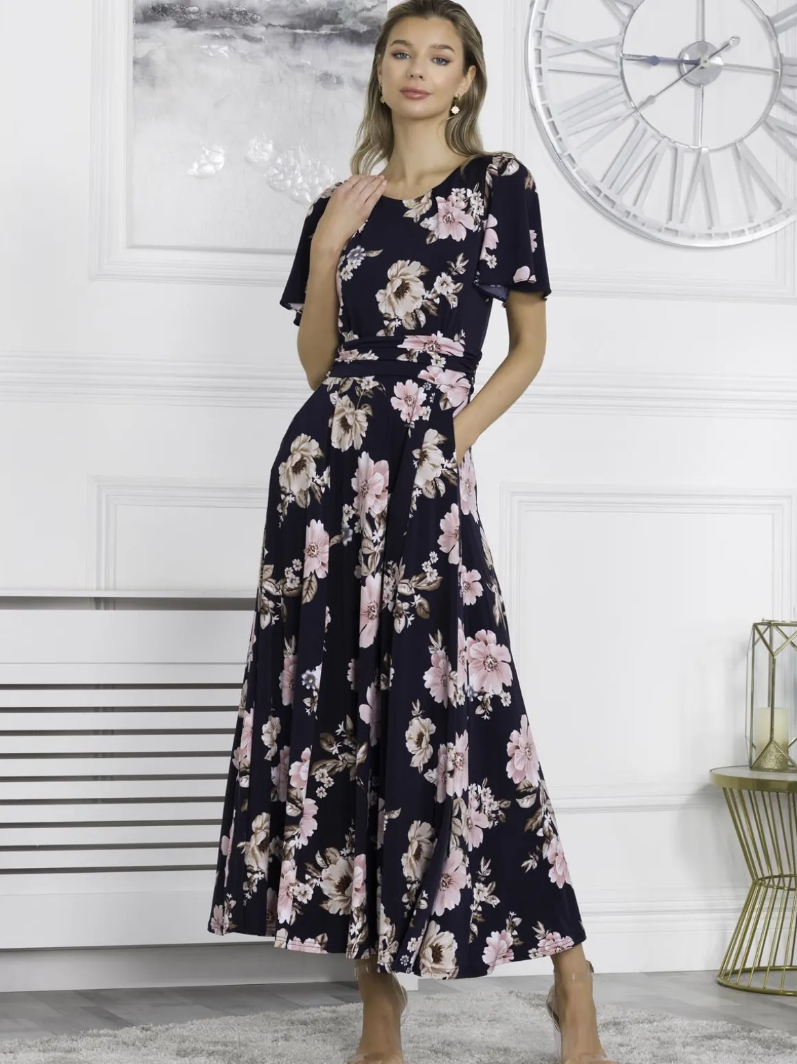 Hailey Jersey Angel Sleeve Maxi Dress, Navy Floral