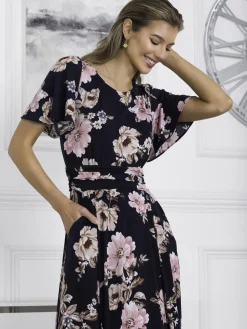 Hailey Jersey Angel Sleeve Maxi Dress, Navy Floral