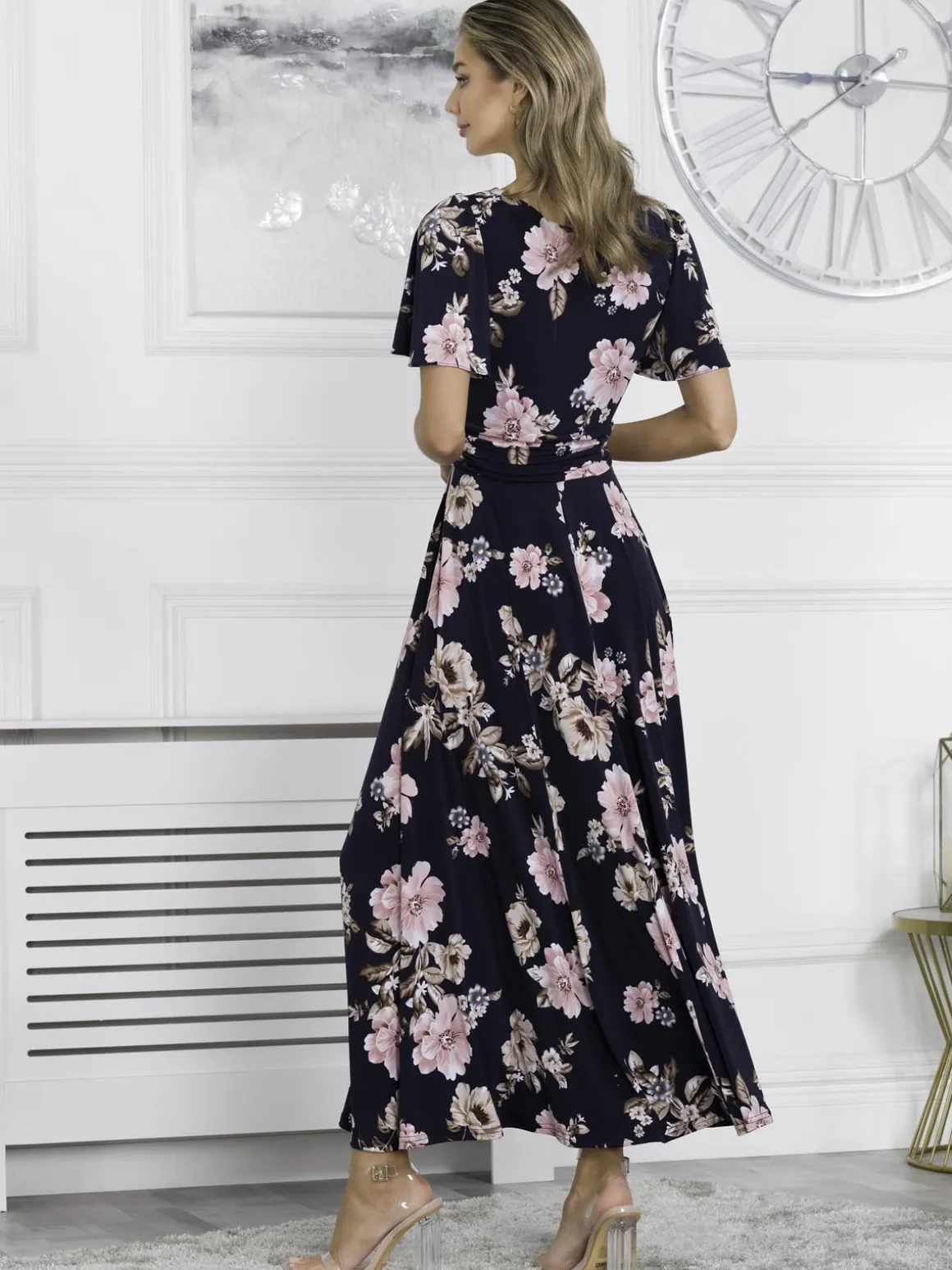 Hailey Jersey Angel Sleeve Maxi Dress, Navy Floral