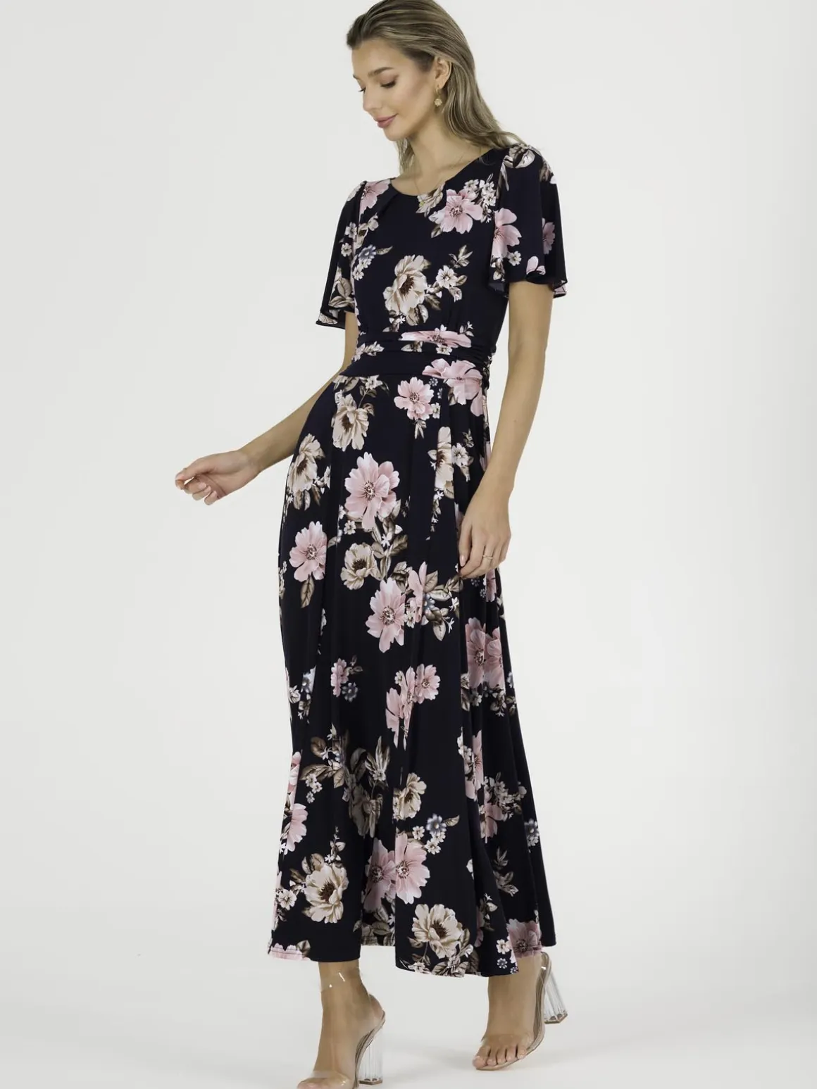 Hailey Jersey Angel Sleeve Maxi Dress, Navy Floral
