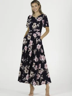 Hailey Jersey Angel Sleeve Maxi Dress, Navy Floral