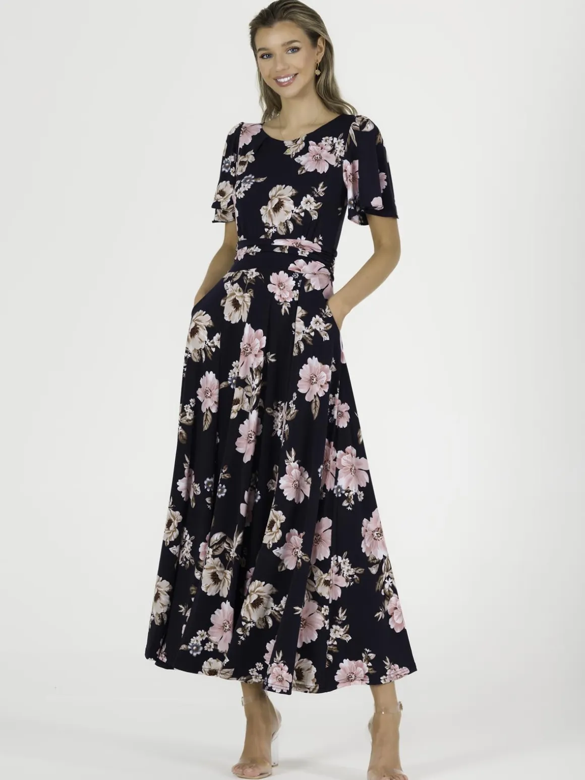 Hailey Jersey Angel Sleeve Maxi Dress, Navy Floral