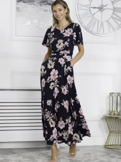 Hailey Jersey Angel Sleeve Maxi Dress, Navy Floral
