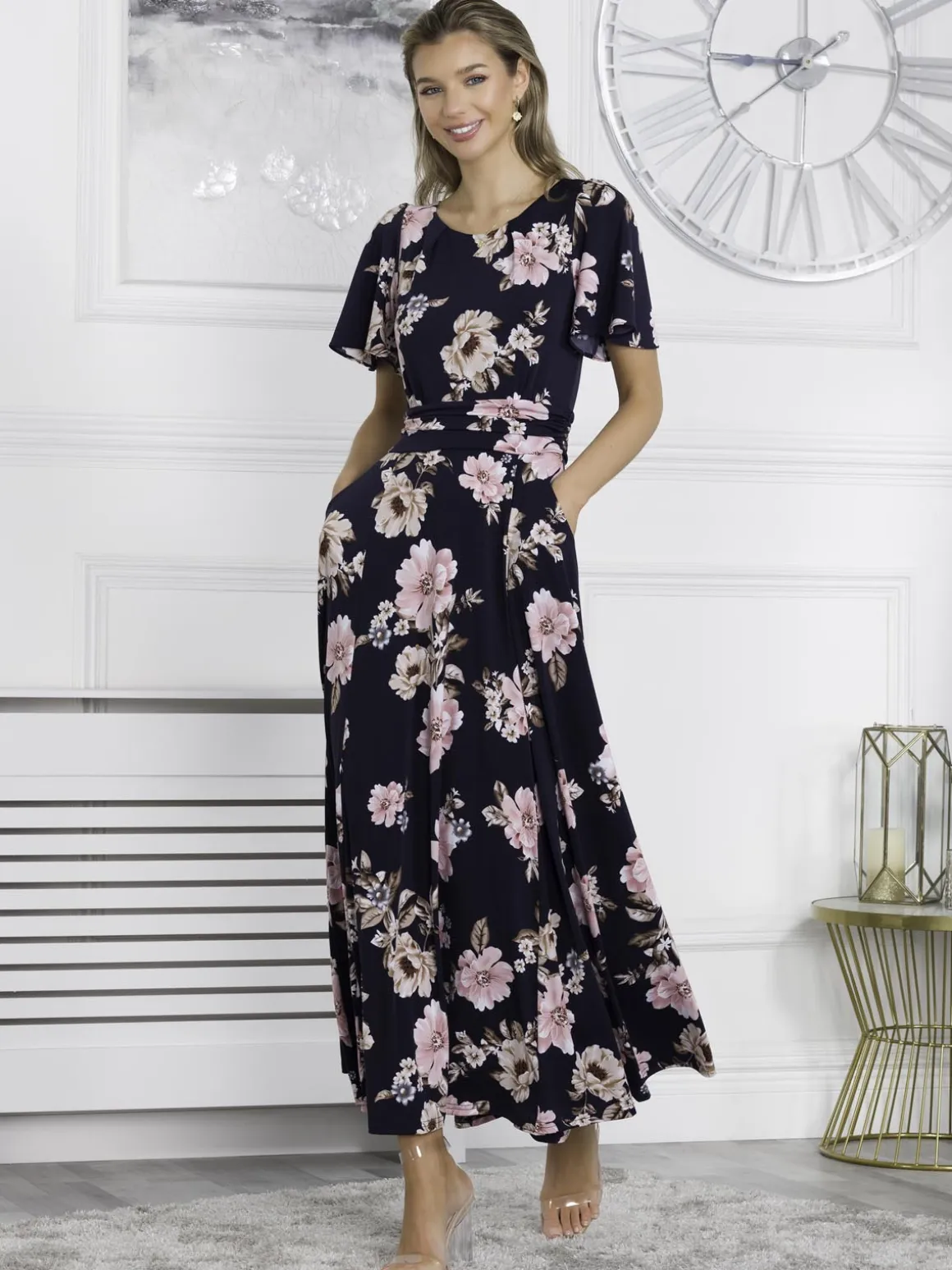 Hailey Jersey Angel Sleeve Maxi Dress, Navy Floral