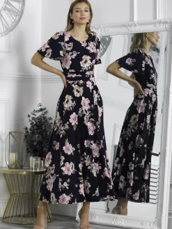 Hailey Jersey Angel Sleeve Maxi Dress, Navy Floral