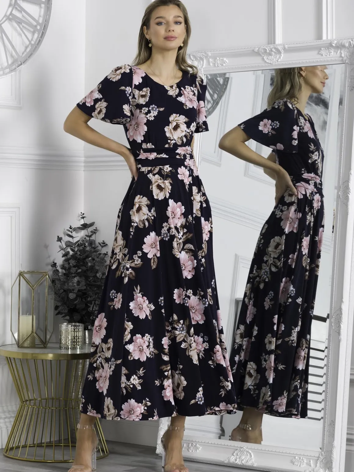 Hailey Jersey Angel Sleeve Maxi Dress, Navy Floral