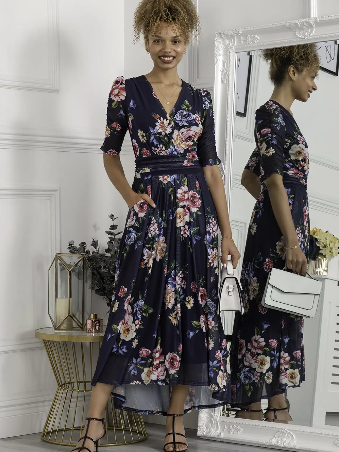 Haizley Floral Print Mesh Maxi Dress, Navy
