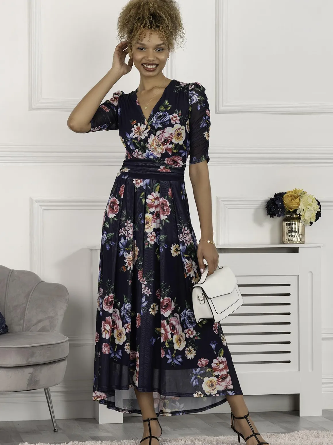 Haizley Floral Print Mesh Maxi Dress, Navy