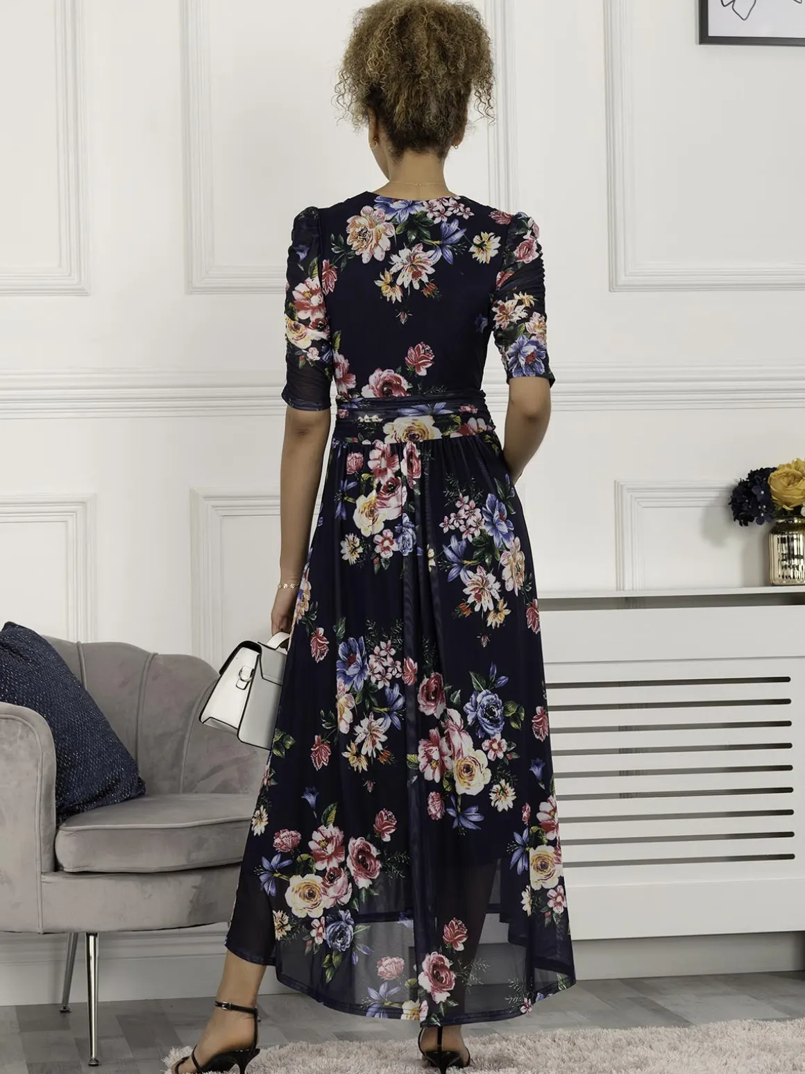 Haizley Floral Print Mesh Maxi Dress, Navy