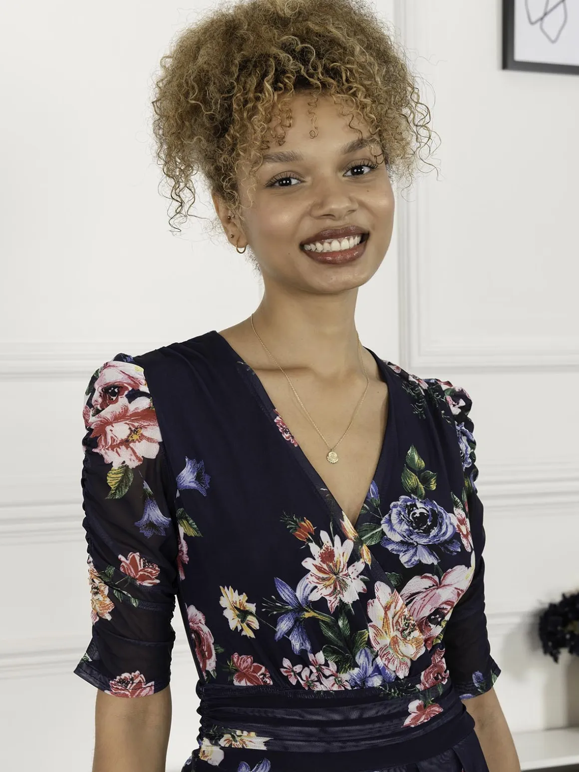 Haizley Floral Print Mesh Maxi Dress, Navy