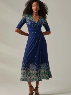 Half Sleeve Floral Wrap Dress Blue Yellow Multi
