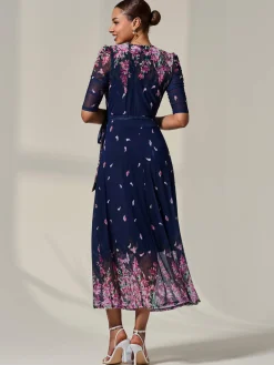 Half Sleeve Floral Wrap Dress, Navy Pink Multi