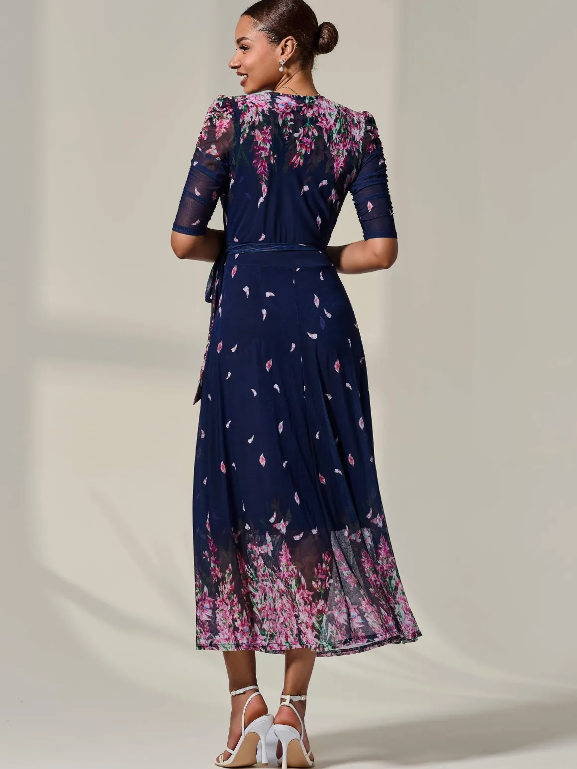 Half Sleeve Floral Wrap Dress, Navy Pink Multi